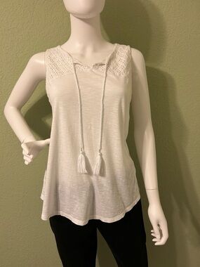 LOFT White Crochet Yoke Tassel Tank